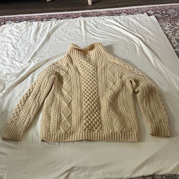 Cream 100% Wool Handknit Irish Fisherman Cardigan Sweater Wmns OS - Picture 4 of 10